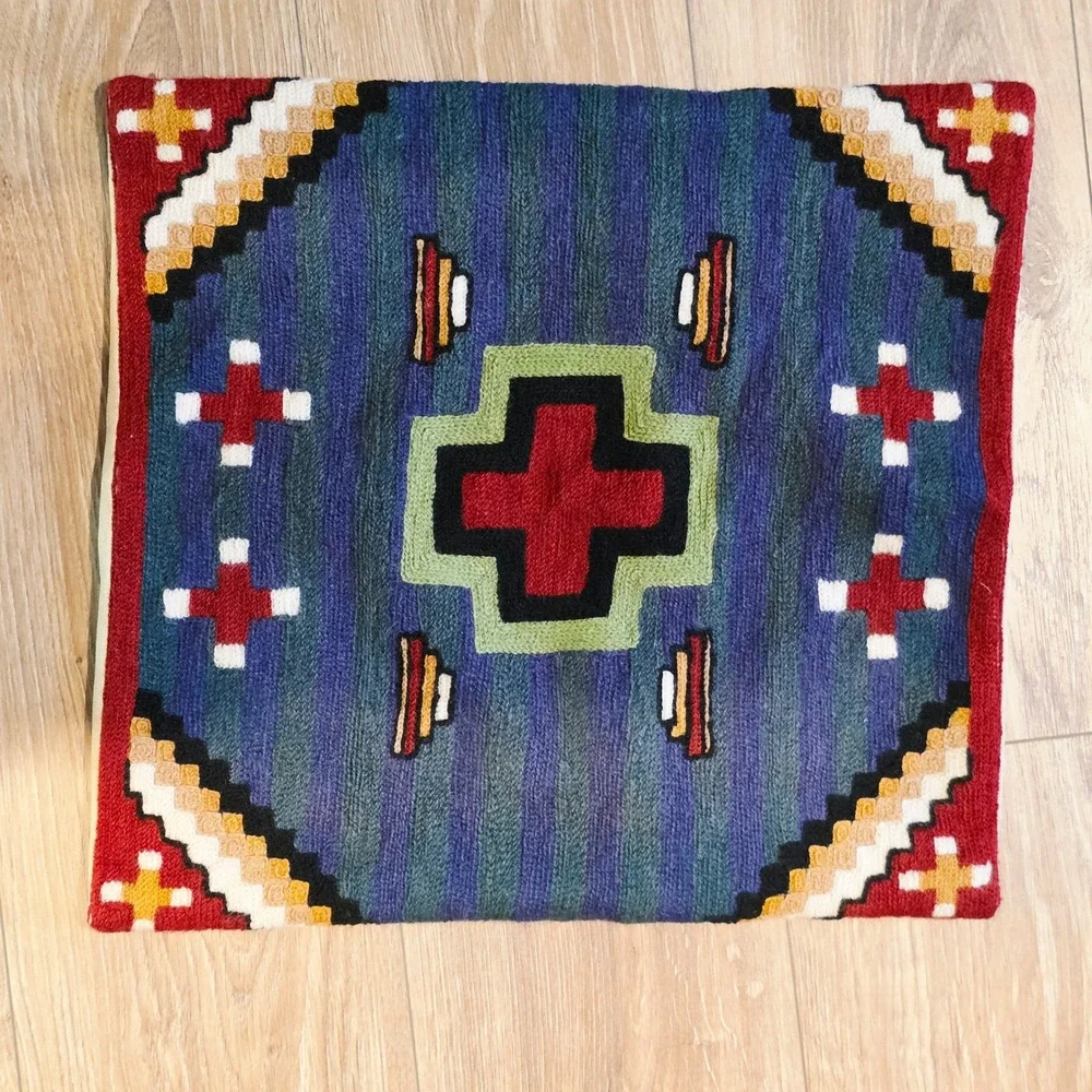 Southwestern Handwoven Wool Pillow Cover,  Blue Red Geometric Cross, Dorm Decor